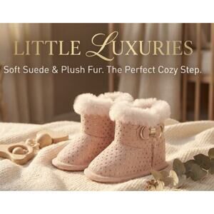 First Steps Baby Bootie Slippers Girls 3-6M Pink Fluffy Faux Fur Bow Cozy Shoes